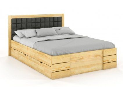 Borovicová posteľ Gotland High čalúnenie a zásuvky (Farba Prírodná, Farba čela Casablanca 2316, Rozmer postele 200 x 200 cm)
