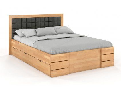 Buková posteľ Gotland High čalúnenie a zásuvky (Farba Prírodná, Farba čela Casablanca 2316, Rozmer postele 200 x 200 cm)