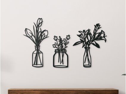 Drevená dekorácia Kvety vo váze (Farba obrazu Sivá, Rozmer obrazu 20,5 x 31,5 cm)