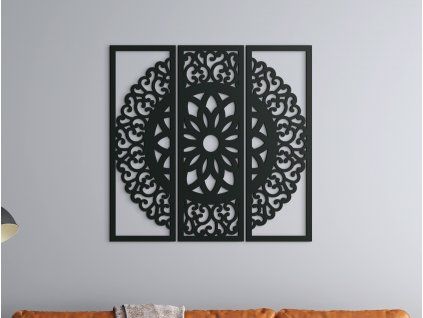 3-dielna drevená mandala Symetria (Farba obrazu Sivá, Rozmer obrazu 31,5 x 32,5 cm)