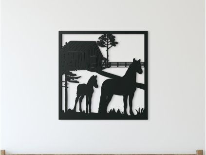 Drevený obraz na stenu Kobyla so žriebätkom (Farba obrazu Sivá, Rozmer obrazu 22,5 x 22,5 cm)