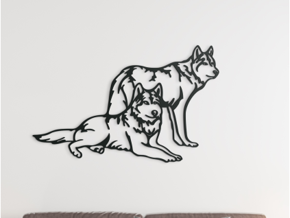 Drevená nálepka na stenu Vlčí pár (Farba obrazu Sivá, Rozmer obrazu 19,5 x 31,5 cm)