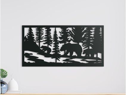 Drevený obraz Medvede v lese (Farba obrazu Sivá, Rozmer obrazu 15,5 x 31,5 cm)