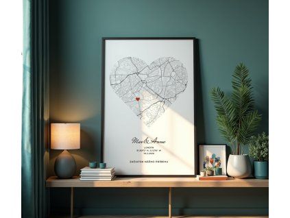 Personalizovaná mapa Srdce s vašim výnimočným miestom (Farba rámu Bez rámu, Povrchová úprava Matná, Veľkosť obrazu A4)