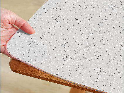 Mäkké sklo Sivý terrazzo vzor - PVC fólia na stôl (na mieru) (Tvar stola Zaoblené rohy)